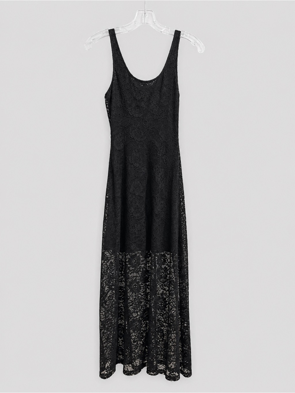 love, Fire Black Lace Maxi Dress with Sheer Hem